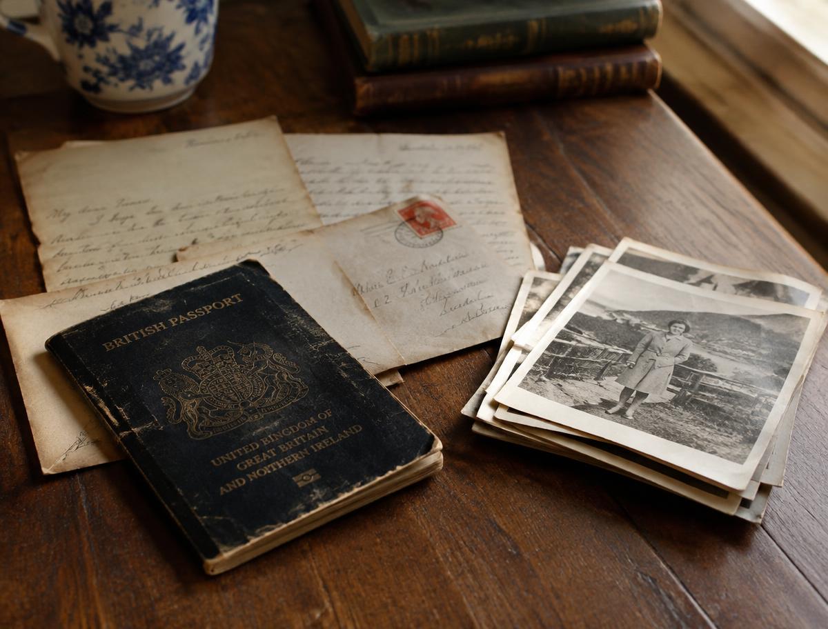 Old letters, a passport and photographs on a wooden table