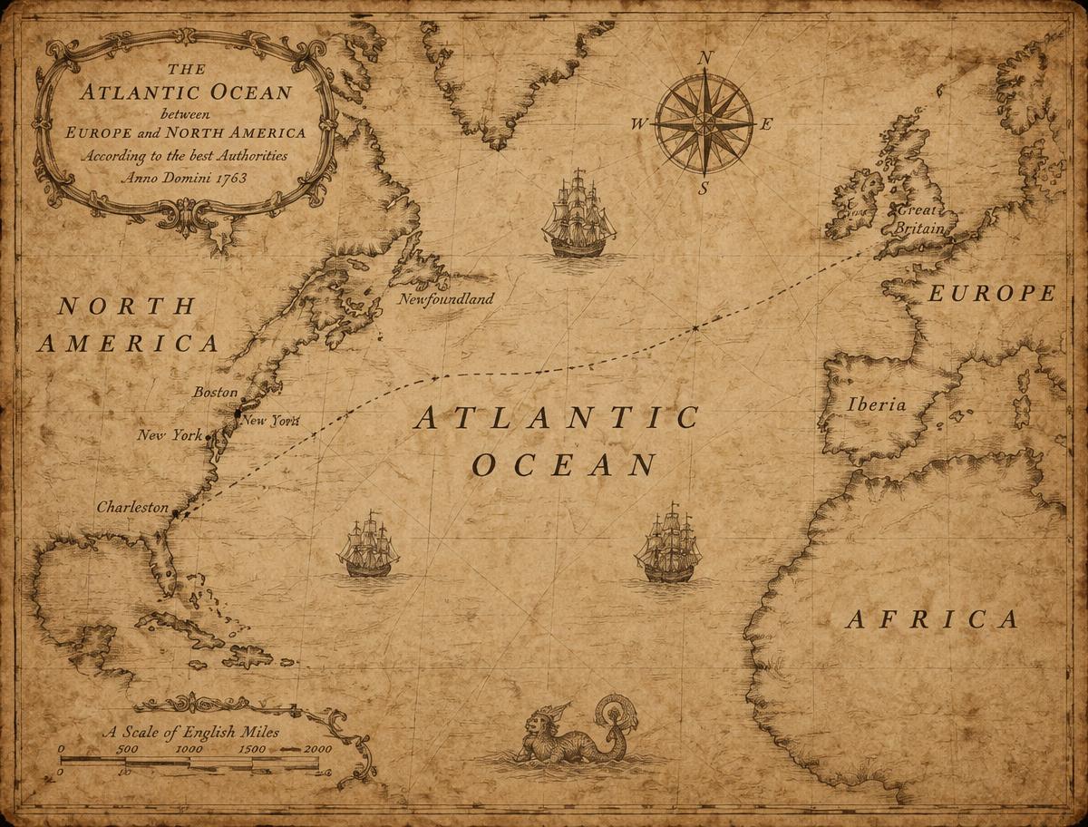 Antique map showing an Atlantic crossing